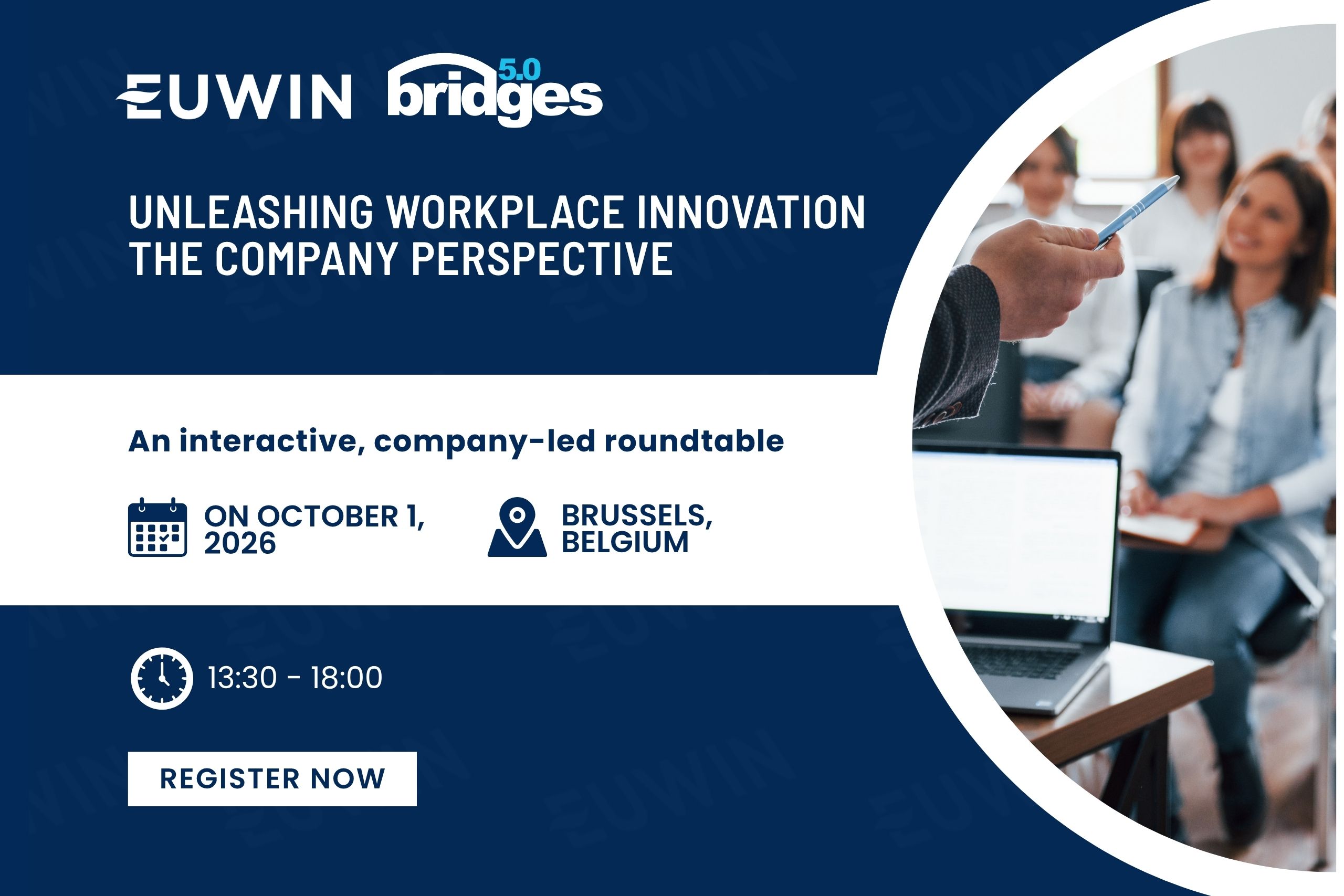 2 Event banner for EUWIN Bridges 5.0: 'Unleashing Workplace Innovation' with a group discussion; Brussels, October 1, 2026.