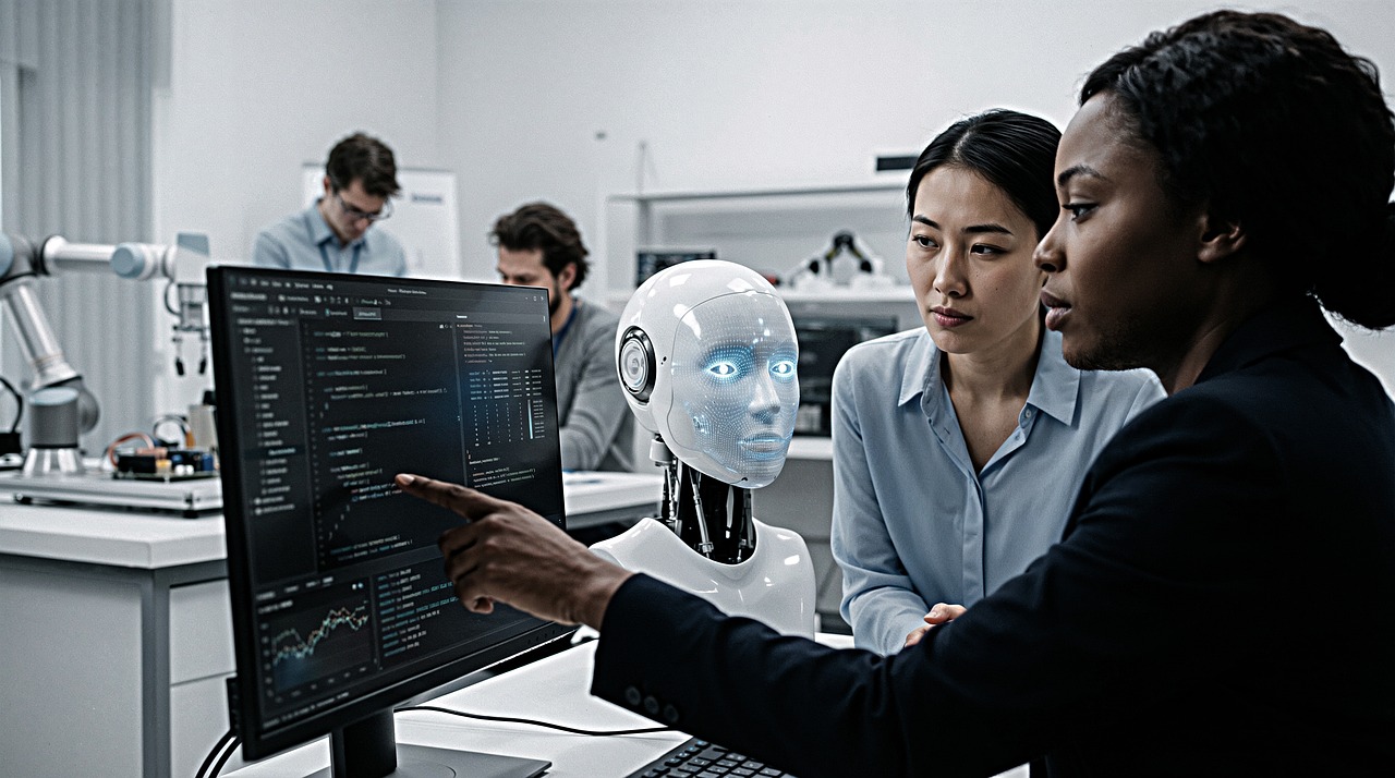 ai, robot, technology, data, engineering, collaboration, laboratory, future, innovation, research, software, screen, human, machine, intelligence, coding, professional, team, science, analysis, ai generated